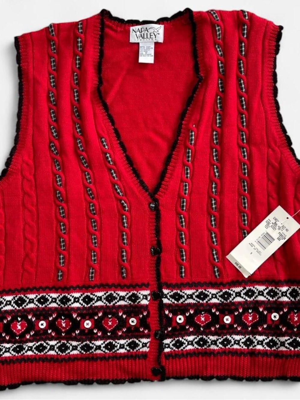 Vintage Napa Valley Red Knit Sweater Vest Plaid Ribbon Accents Hearts Granny M